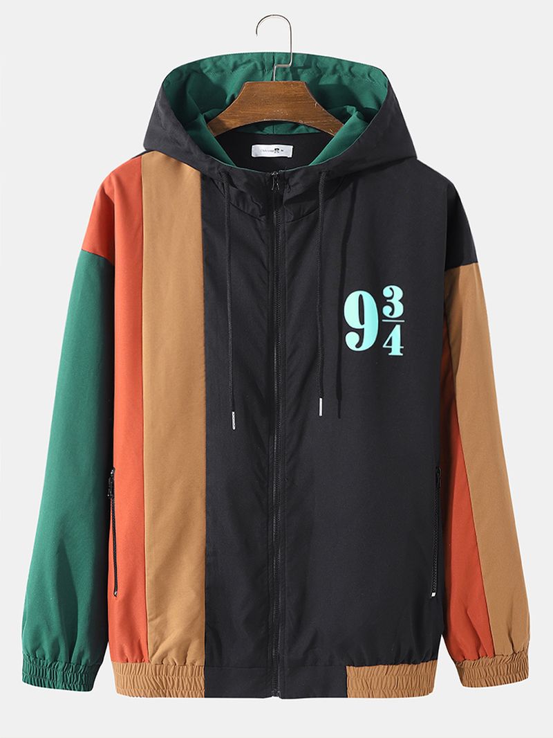 Heren Patchwork Color Block Print Full Zip Pocket Hoodies Windbreaker Jassen