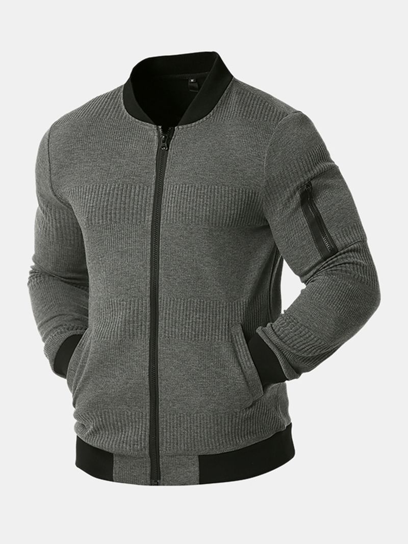 Heren Rib Baseball Collar Zip-up Casual Effen Jas Met Zak