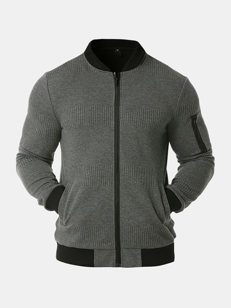 Heren Rib Baseball Collar Zip-up Casual Effen Jas Met Zak