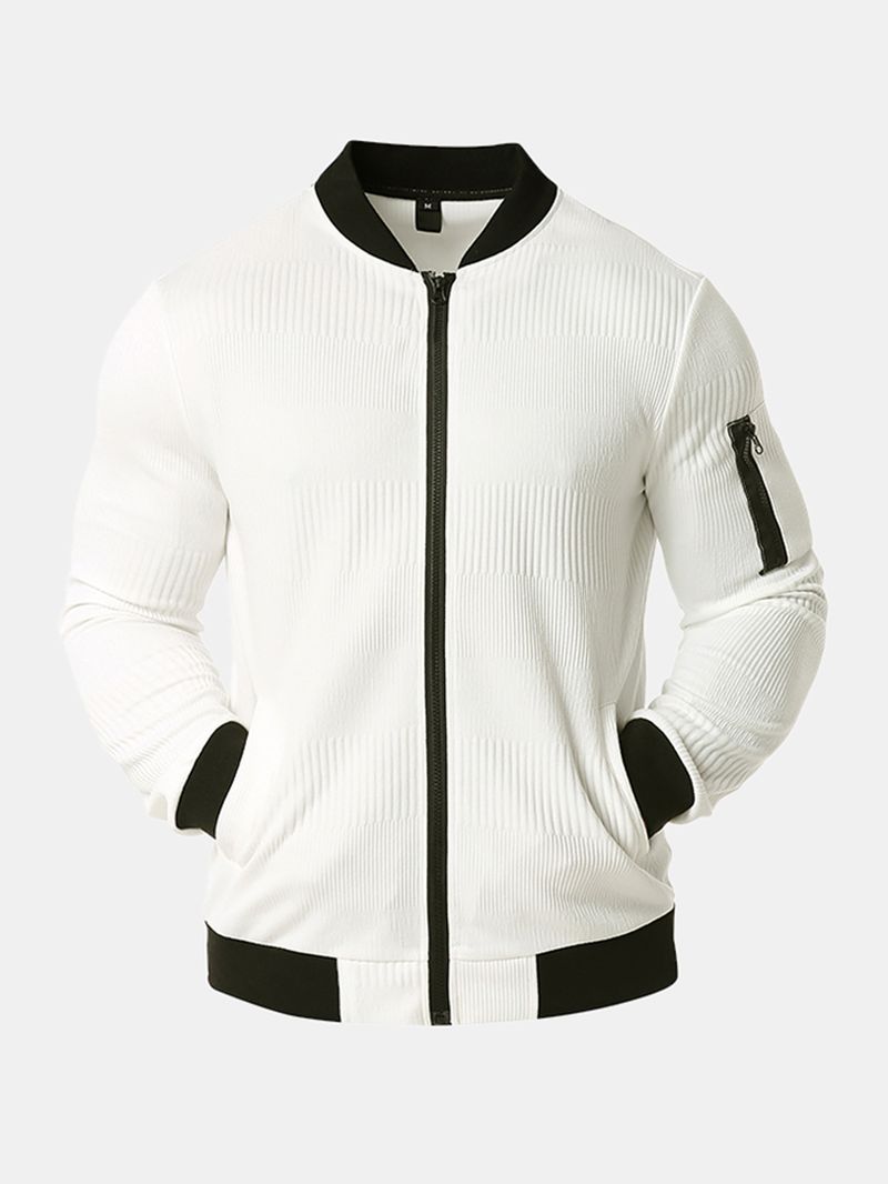 Heren Rib Baseball Collar Zip-up Casual Effen Jas Met Zak