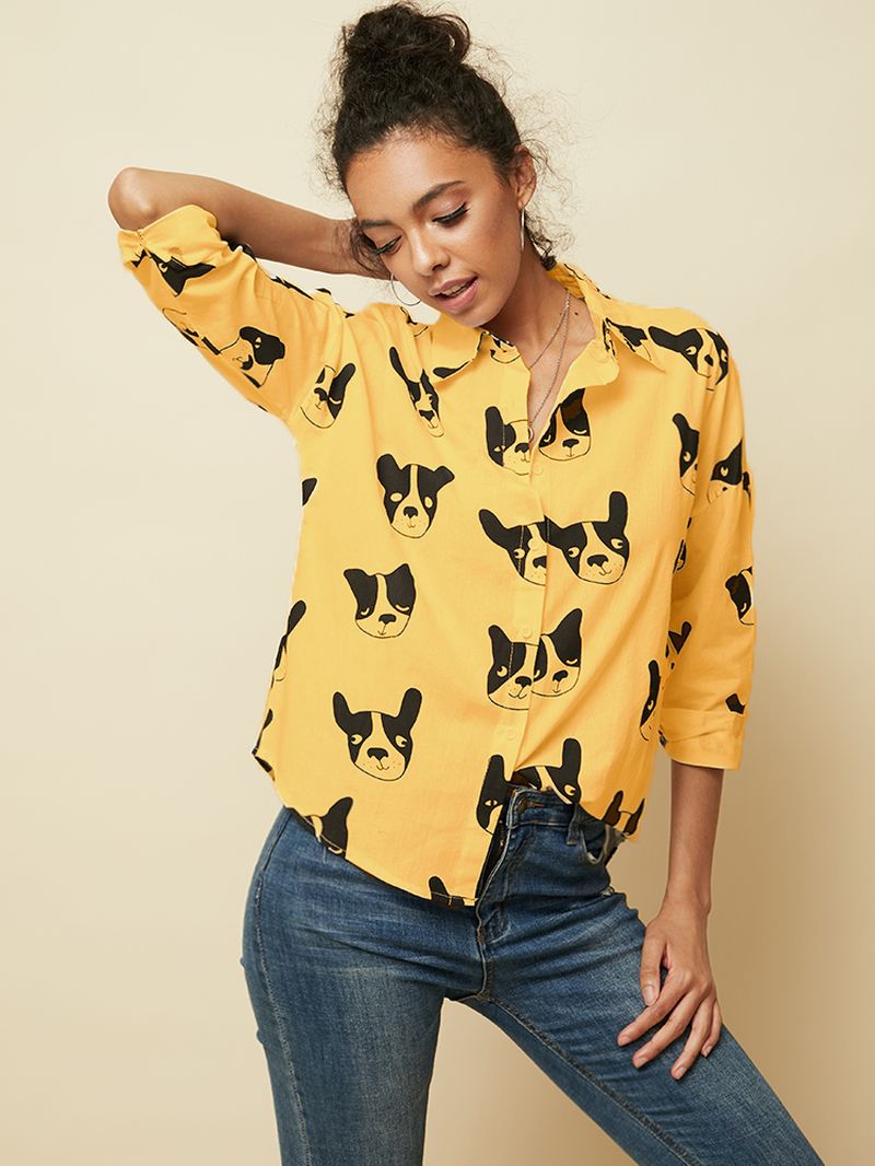 Cartoon Hond Dierenprint Button-down Lange Mouw Onregelmatige Zoom Casual Blouse Voor Dames