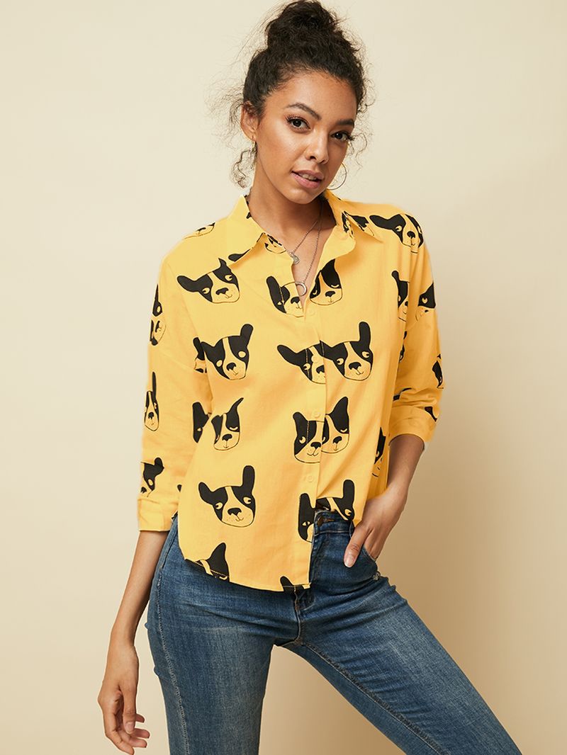 Cartoon Hond Dierenprint Button-down Lange Mouw Onregelmatige Zoom Casual Blouse Voor Dames