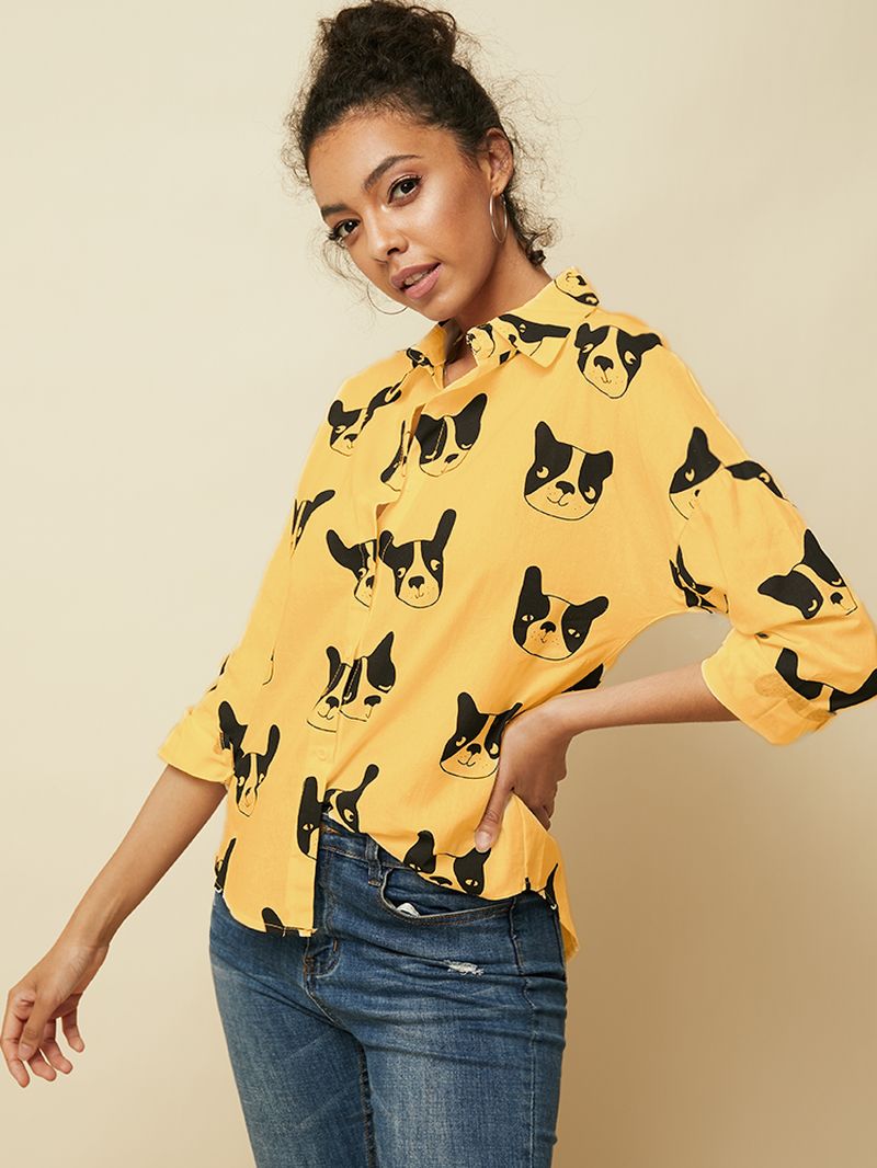 Cartoon Hond Dierenprint Button-down Lange Mouw Onregelmatige Zoom Casual Blouse Voor Dames