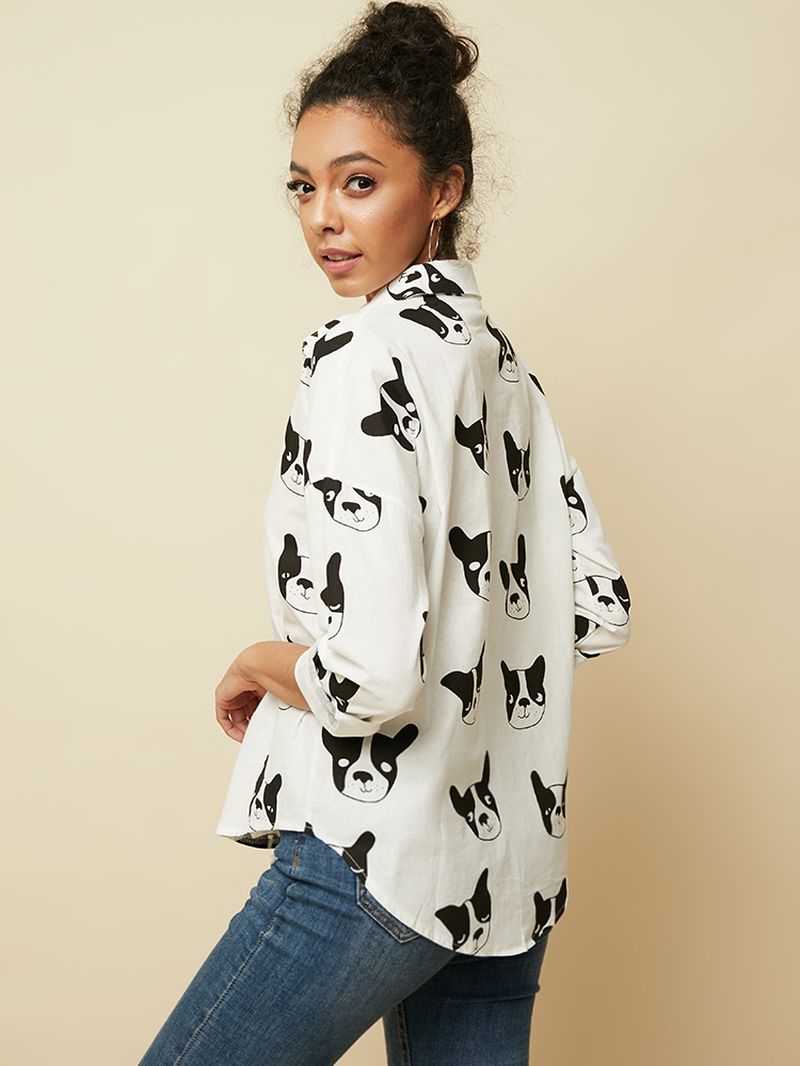 Cartoon Hond Dierenprint Button-down Lange Mouw Onregelmatige Zoom Casual Blouse Voor Dames