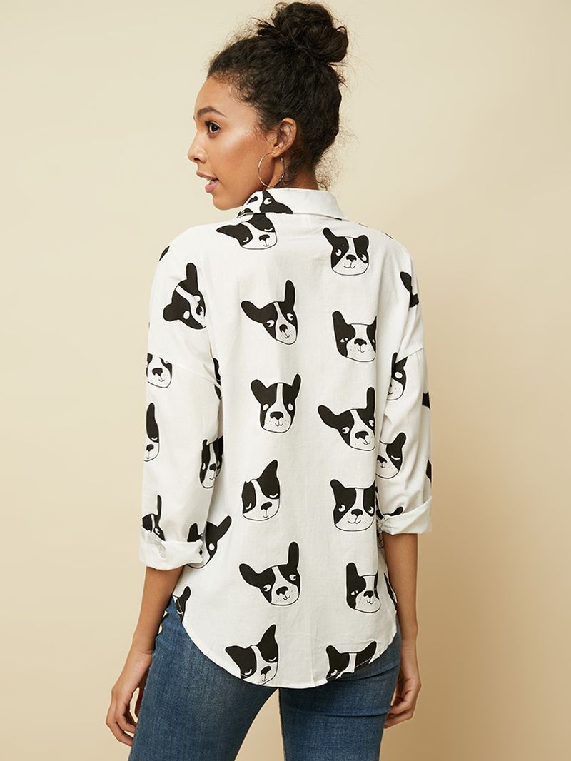 Cartoon Hond Dierenprint Button-down Lange Mouw Onregelmatige Zoom Casual Blouse Voor Dames