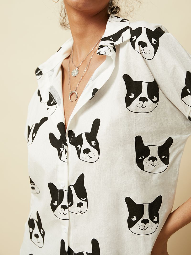 Cartoon Hond Dierenprint Button-down Lange Mouw Onregelmatige Zoom Casual Blouse Voor Dames