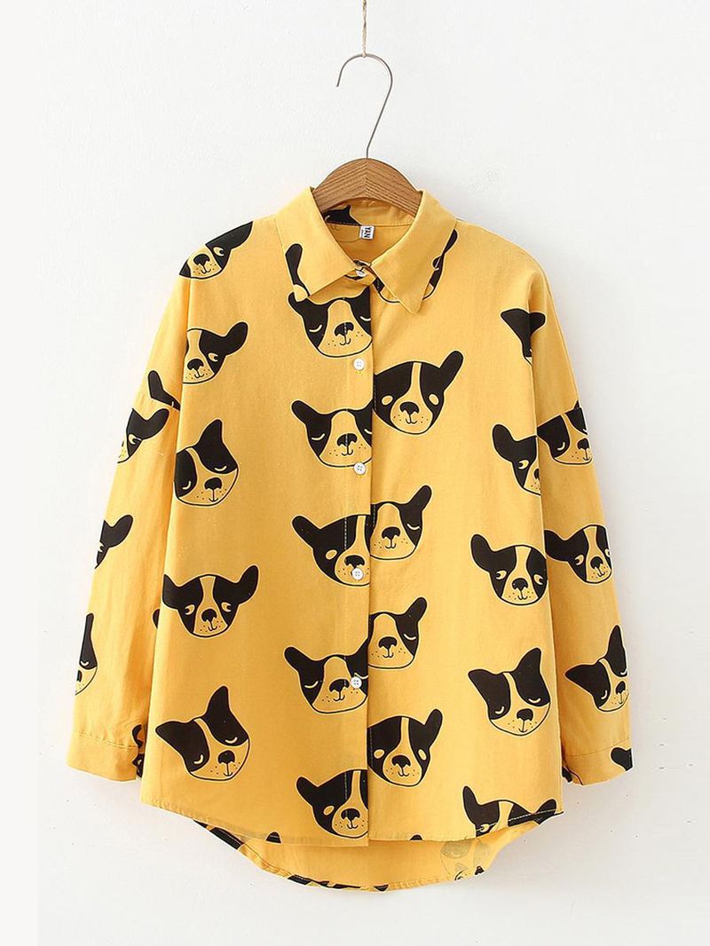 Cartoon Hond Dierenprint Button-down Lange Mouw Onregelmatige Zoom Casual Blouse Voor Dames