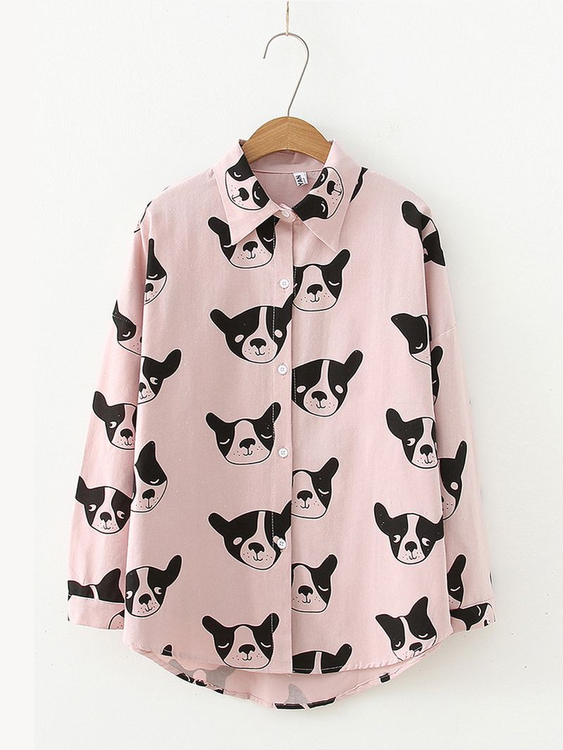 Cartoon Hond Dierenprint Button-down Lange Mouw Onregelmatige Zoom Casual Blouse Voor Dames