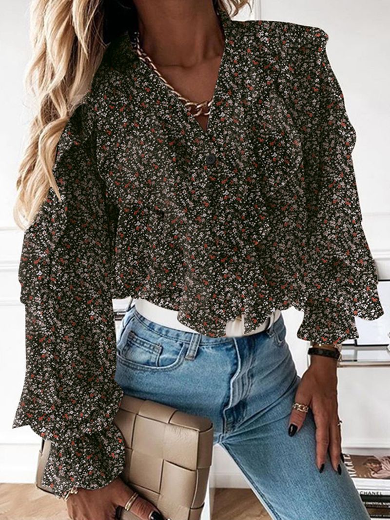 Casual Blouses Met V-hals En V-hals Met Volantmouwen En Knopen Voor Dames