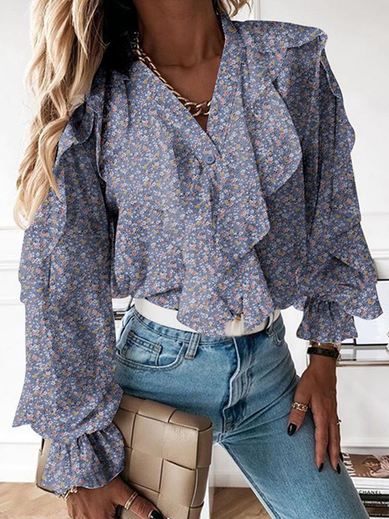 Casual Blouses Met V-hals En V-hals Met Volantmouwen En Knopen Voor Dames