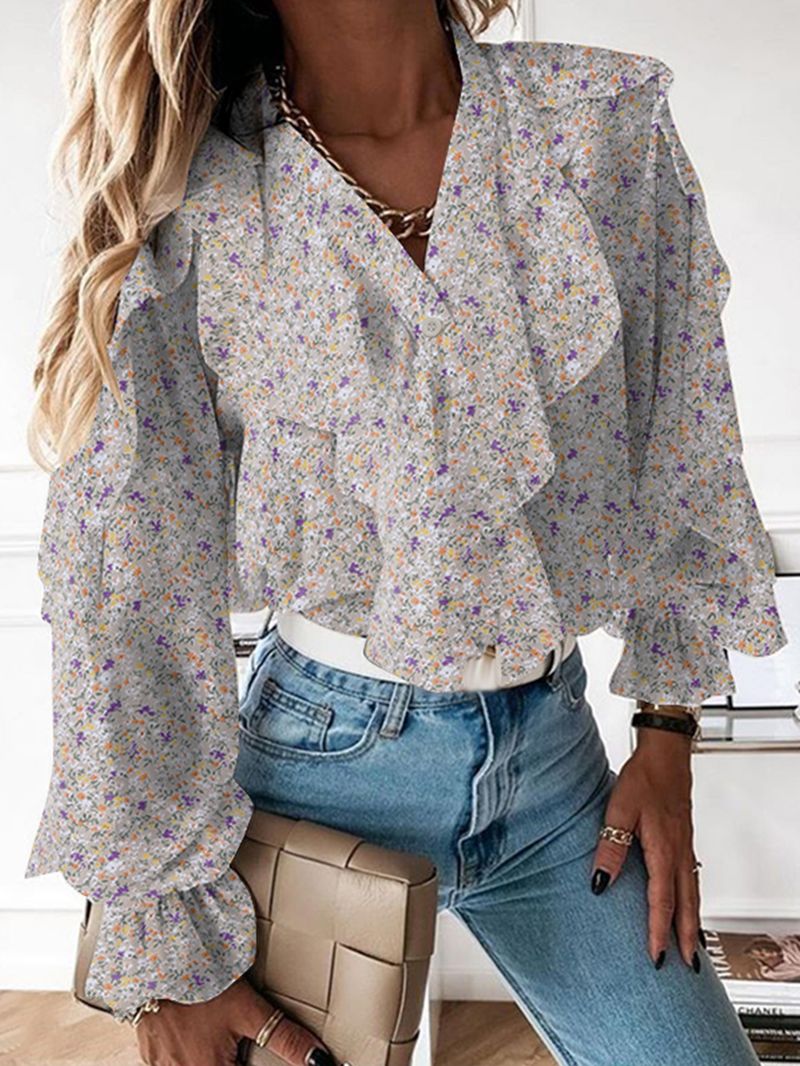 Casual Blouses Met V-hals En V-hals Met Volantmouwen En Knopen Voor Dames