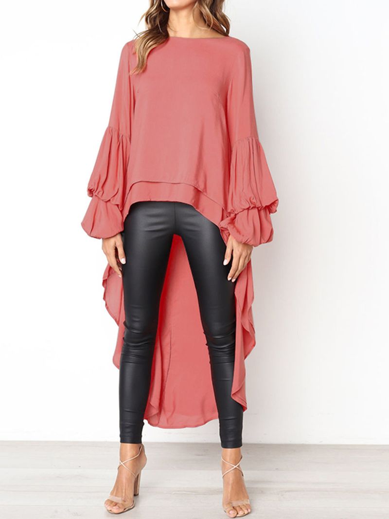 Casual Dames Blouse Met Ronde Hals En Lange Mouwen Met Onregelmatige Zoom