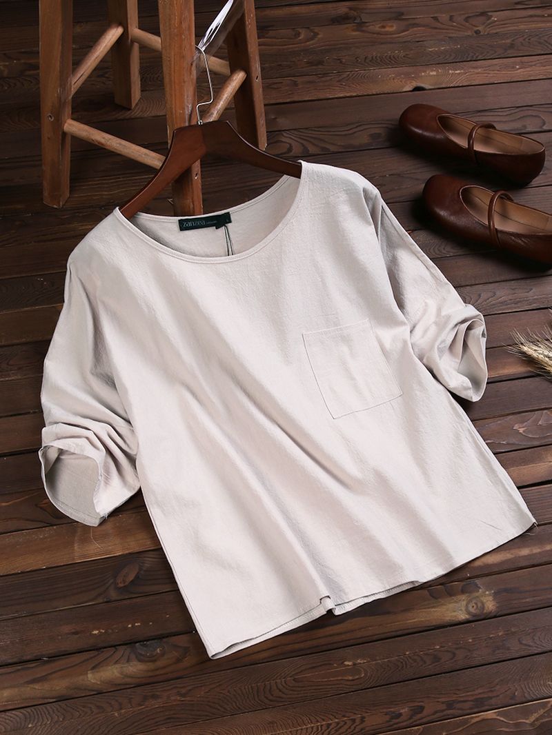 Casual Katoenen Tops In Pure Kleur Met 3/4 Mouwen Voor Dames