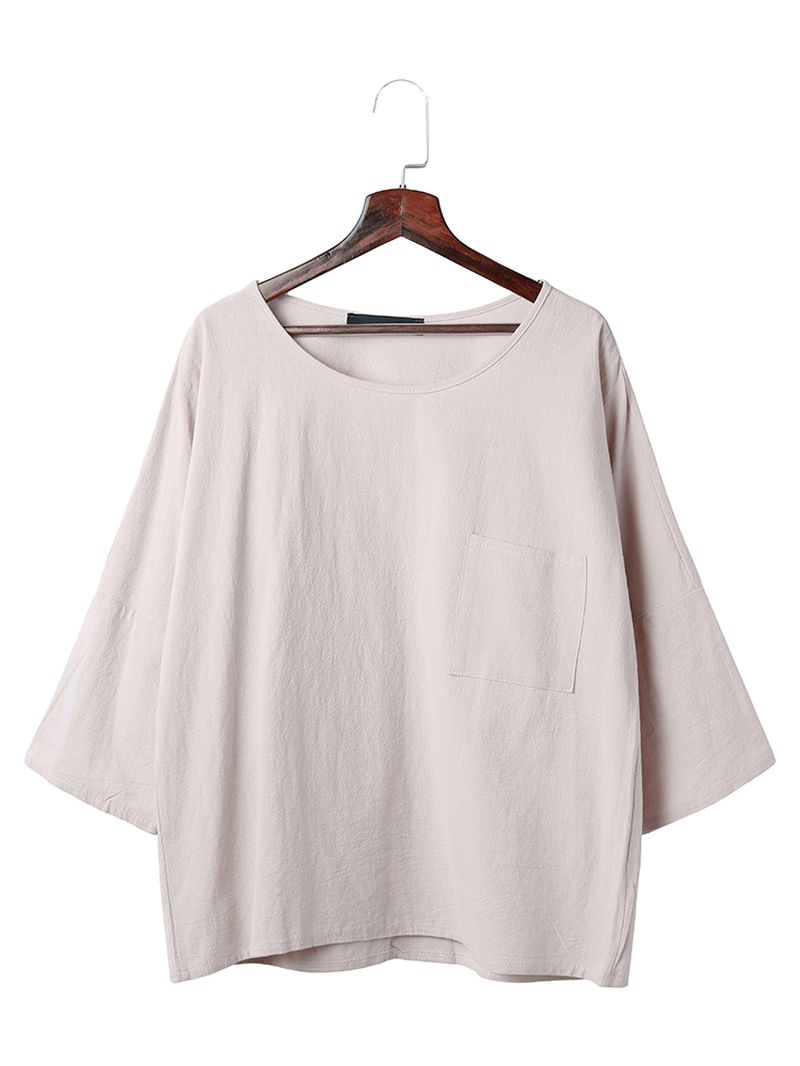 Casual Katoenen Tops In Pure Kleur Met 3/4 Mouwen Voor Dames