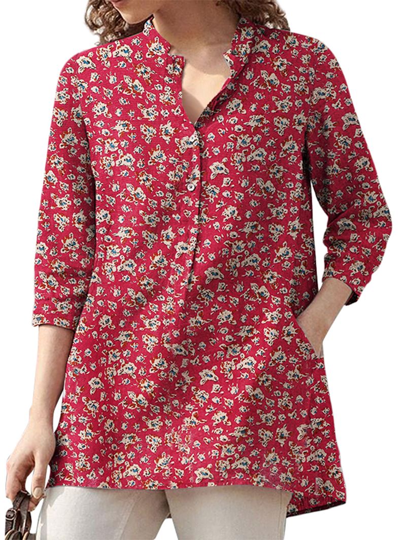 Dames 100% Katoen Floral Leisure Bohemian Retro Style V-hals Zijzakken Blouse