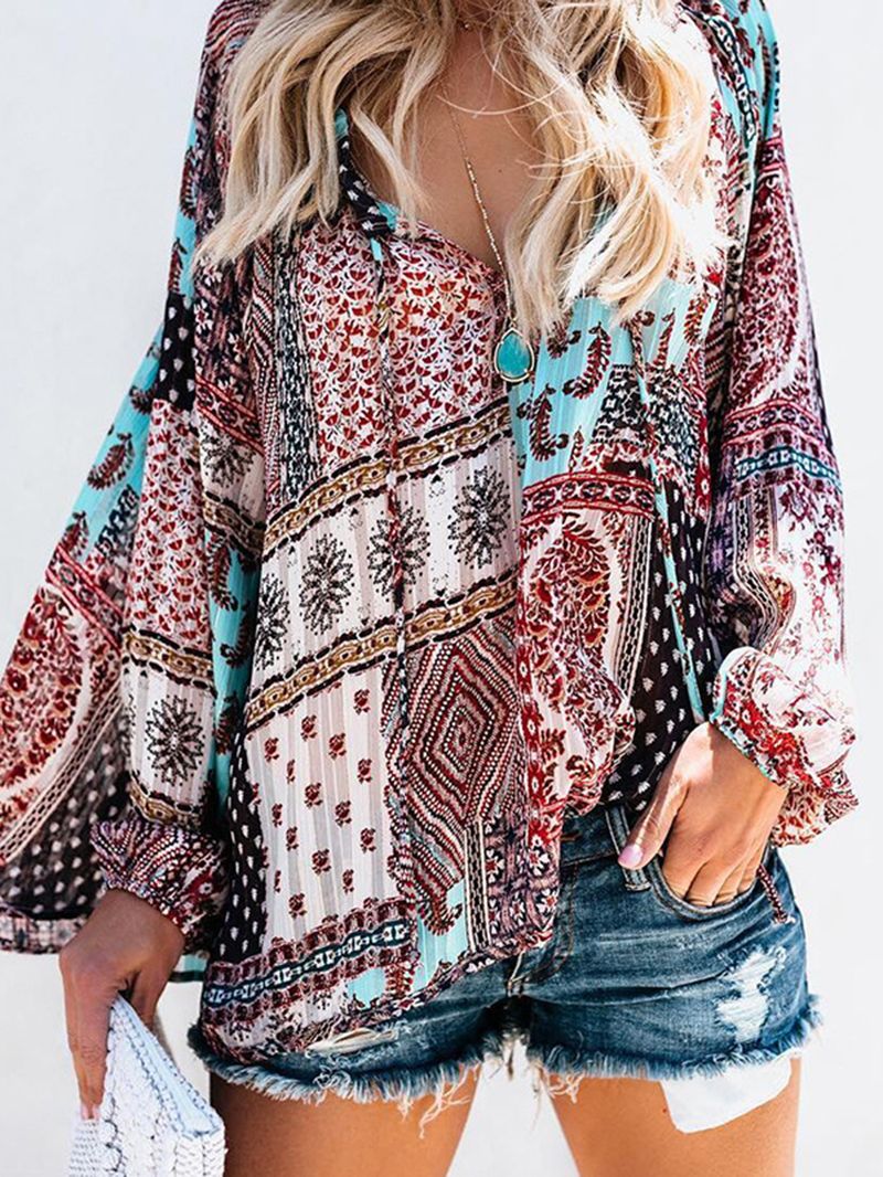 Dames Blouse Met V-hals Boho Bloemenprint