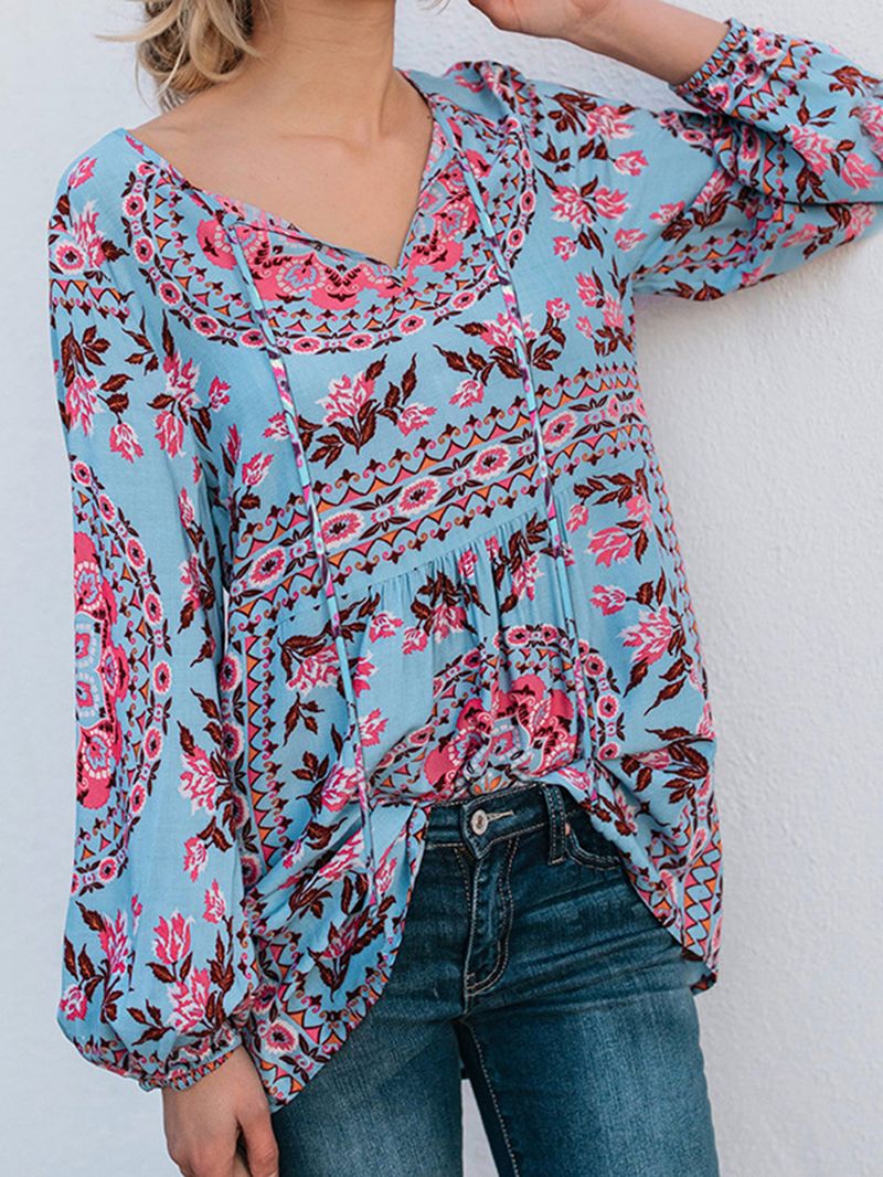 Dames Blouse Met V-hals Boho Bloemenprint