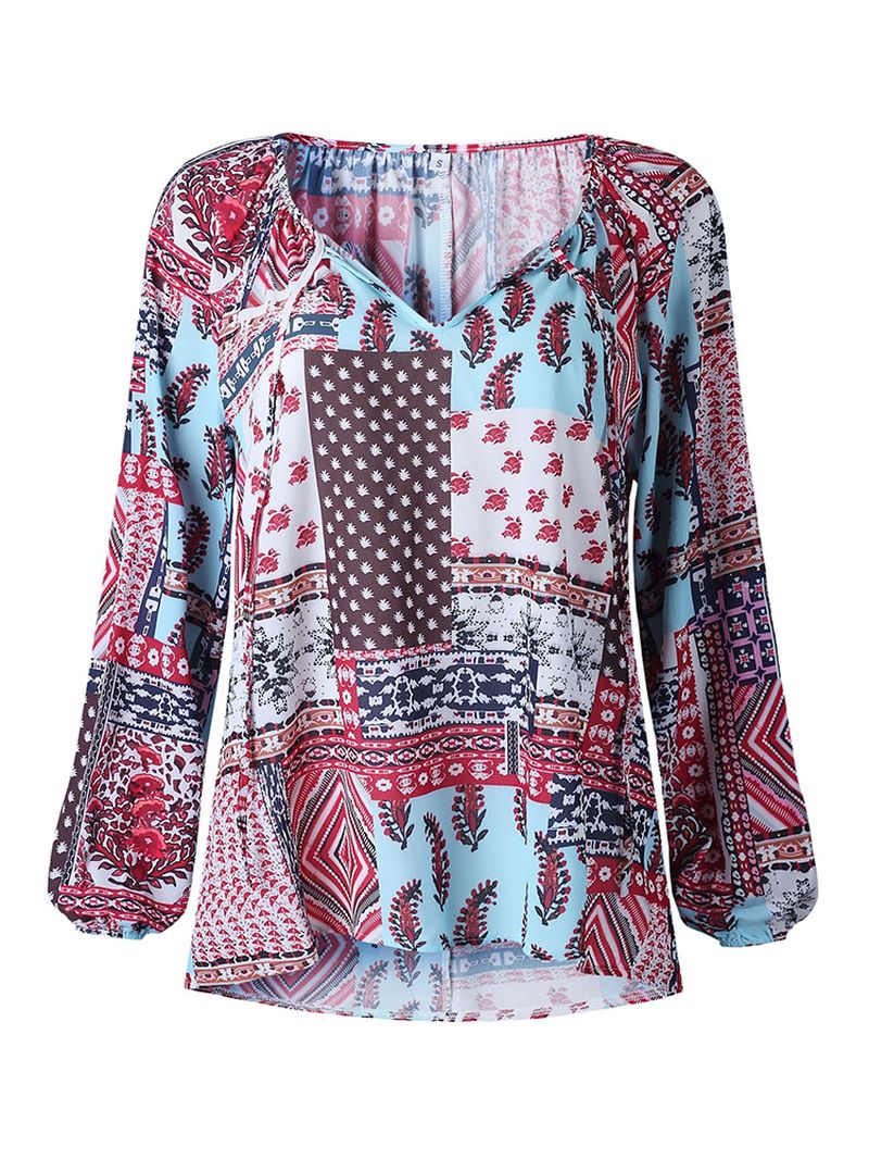 Dames Blouse Met V-hals Boho Bloemenprint