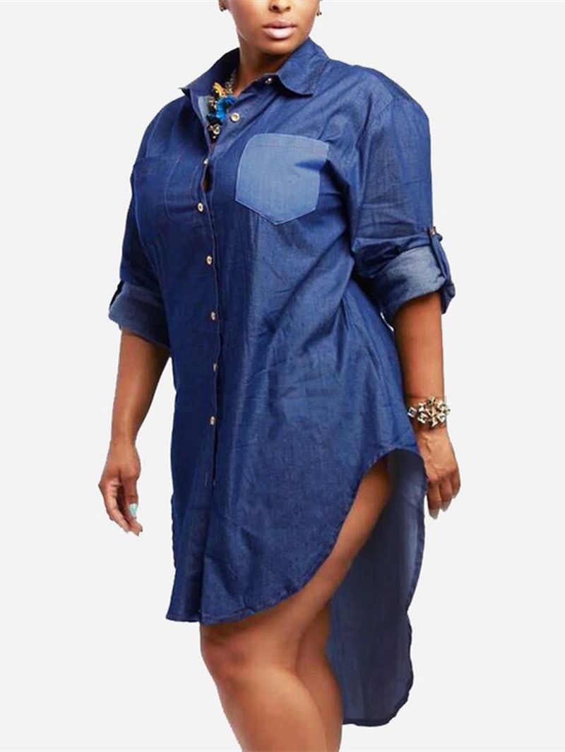 Dames Button-down Asymmetrische Casual Shirt Denim Mini Jurk