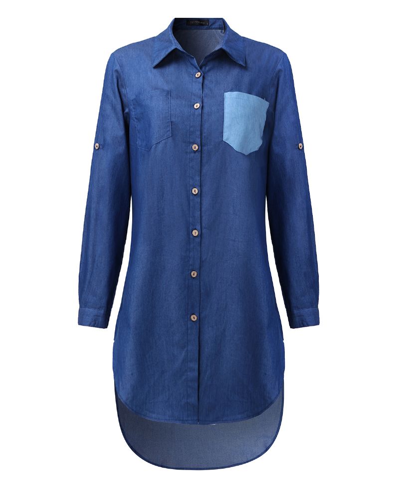 Dames Button-down Asymmetrische Casual Shirt Denim Mini Jurk