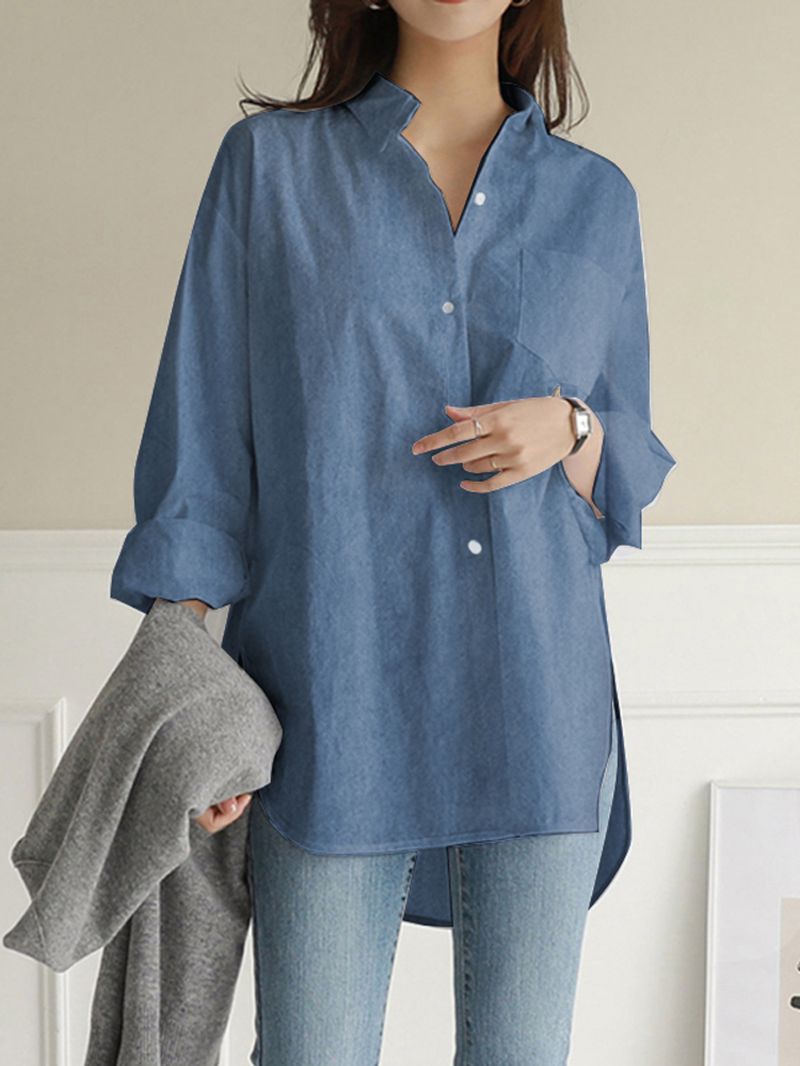 Dames Effen Kleur Turn-down Kraag Blouse Onregelmatige Zoom Borstzak Splited Denim Shirts