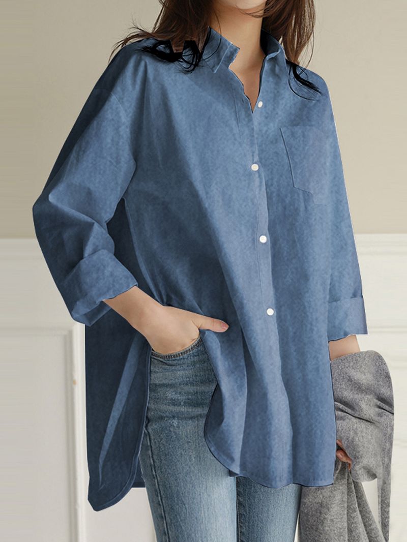 Dames Effen Kleur Turn-down Kraag Blouse Onregelmatige Zoom Borstzak Splited Denim Shirts