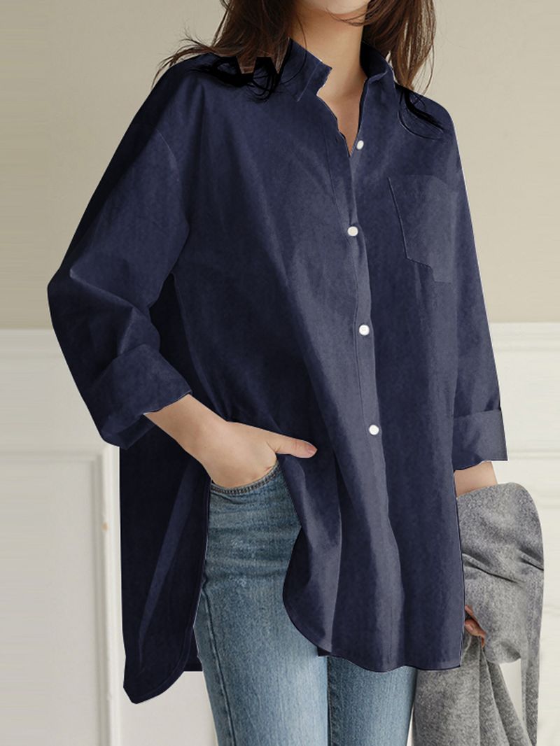 Dames Effen Kleur Turn-down Kraag Blouse Onregelmatige Zoom Borstzak Splited Denim Shirts