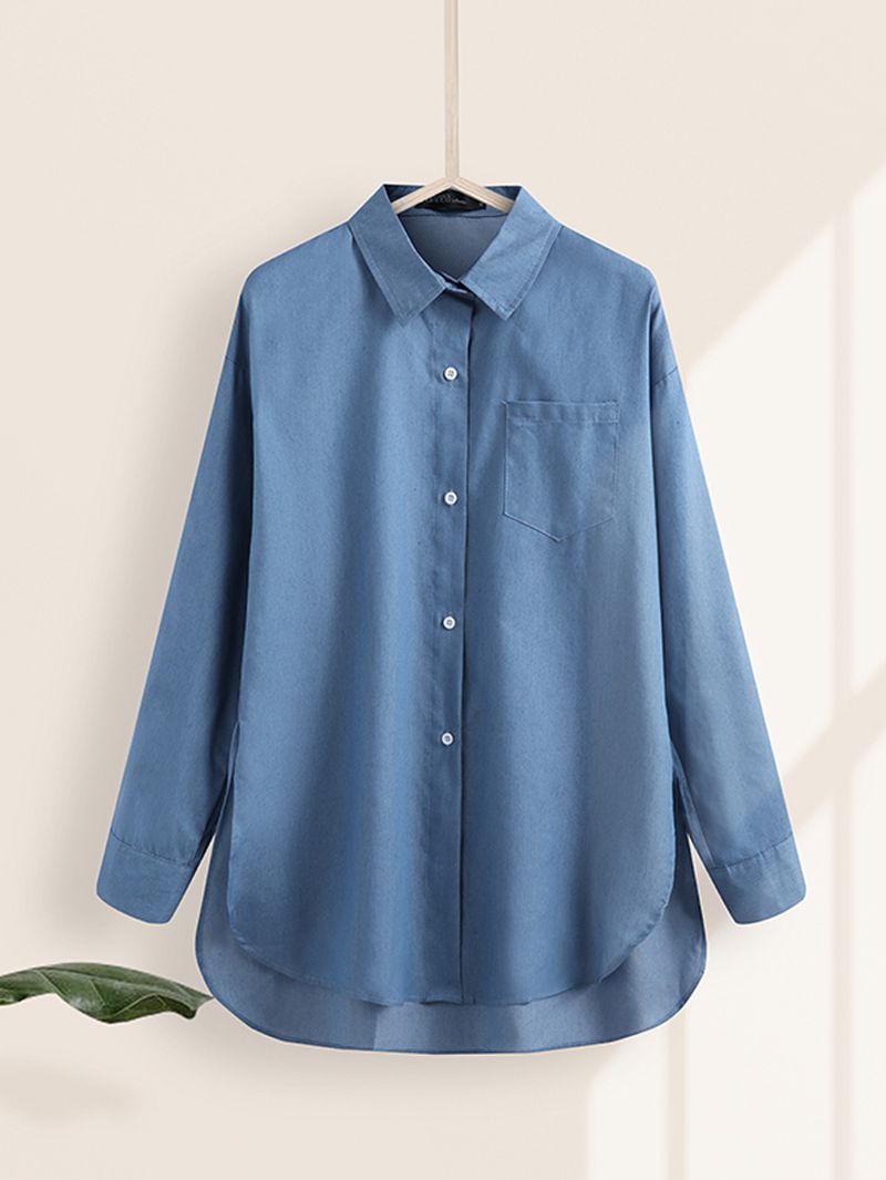 Dames Effen Kleur Turn-down Kraag Blouse Onregelmatige Zoom Borstzak Splited Denim Shirts