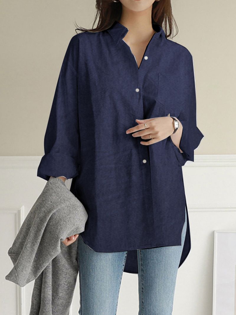 Dames Effen Kleur Turn-down Kraag Blouse Onregelmatige Zoom Borstzak Splited Denim Shirts