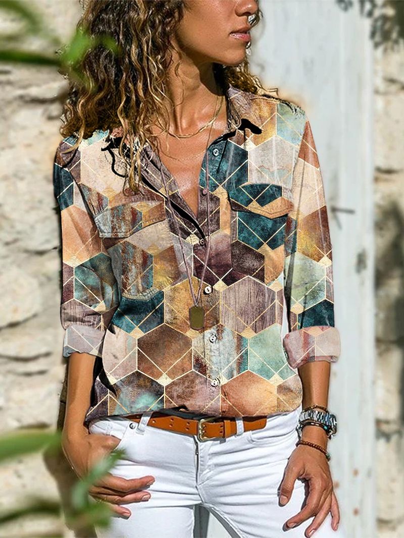 Dames Kleurblok Geometrisch Bedrukte Reversblouse Met Lange Mouwen