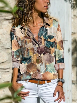 Dames Kleurblok Geometrisch Bedrukte Reversblouse Met Lange Mouwen