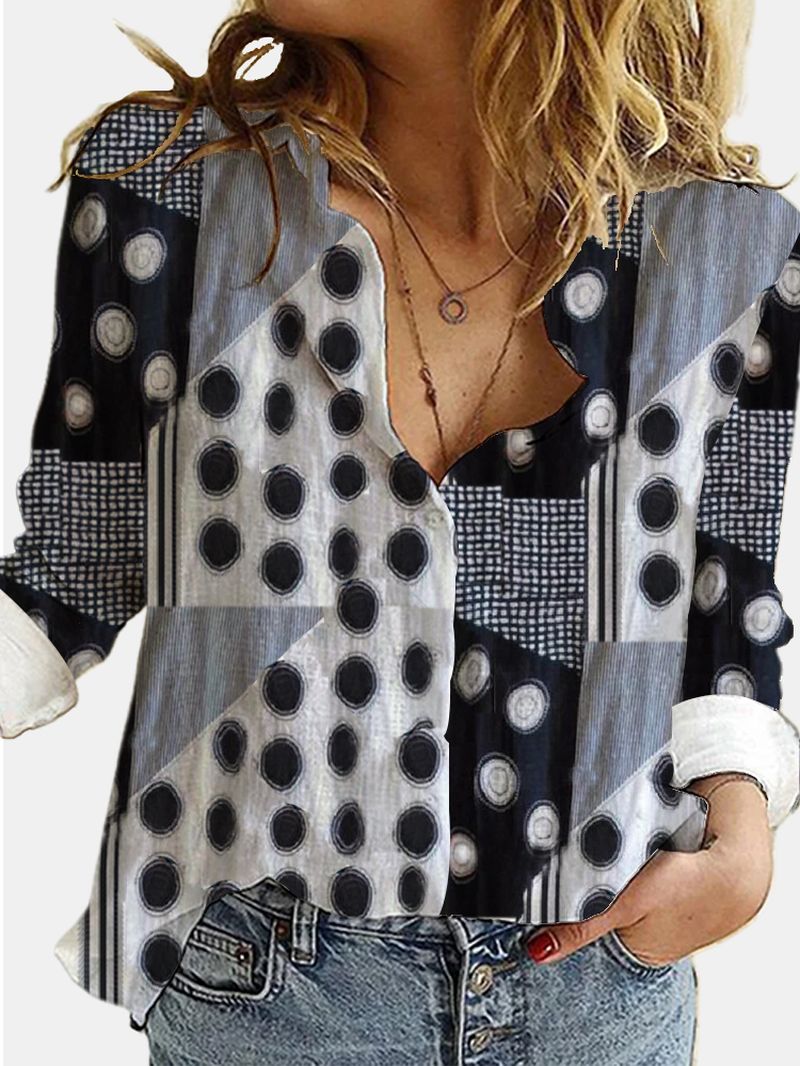 Dames Mixed Polka Dot Printed Patchwork Lange Mouwen Revers Casual Stijlvolle Blouse