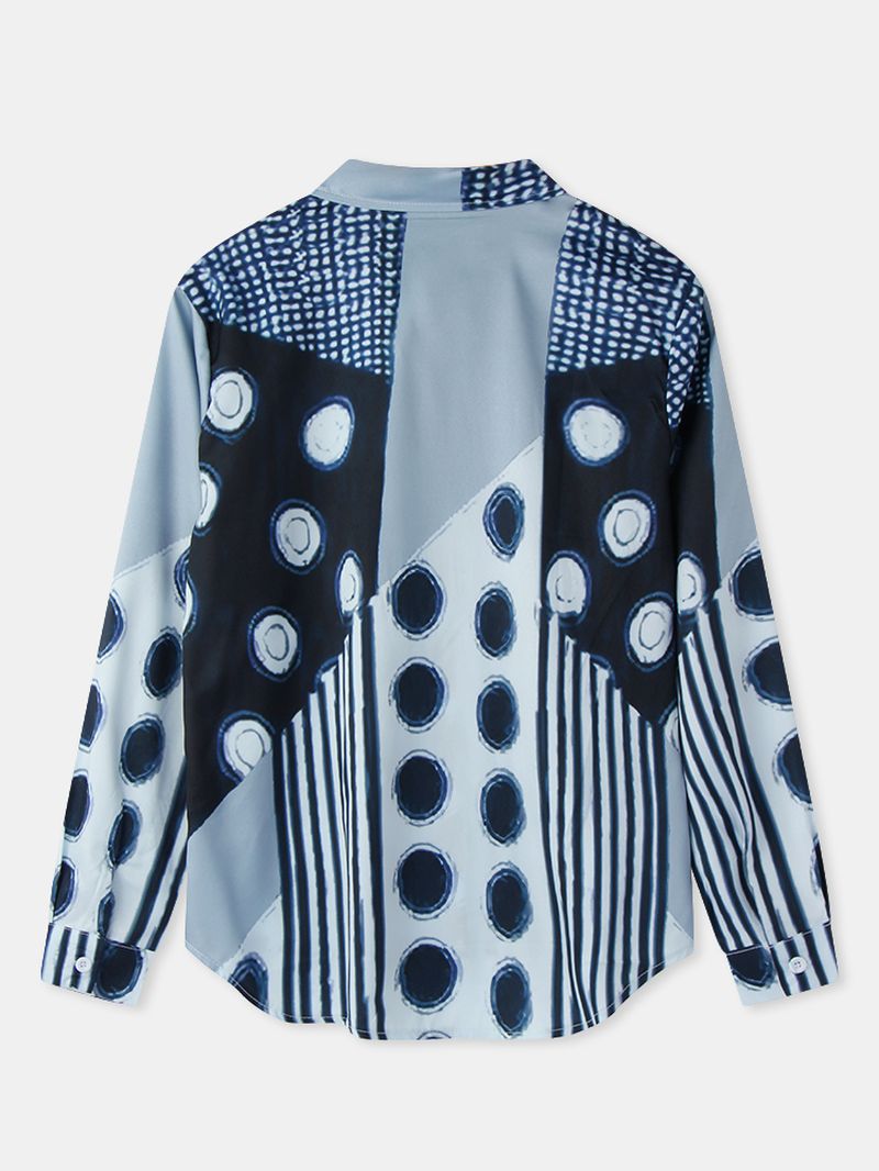 Dames Mixed Polka Dot Printed Patchwork Lange Mouwen Revers Casual Stijlvolle Blouse