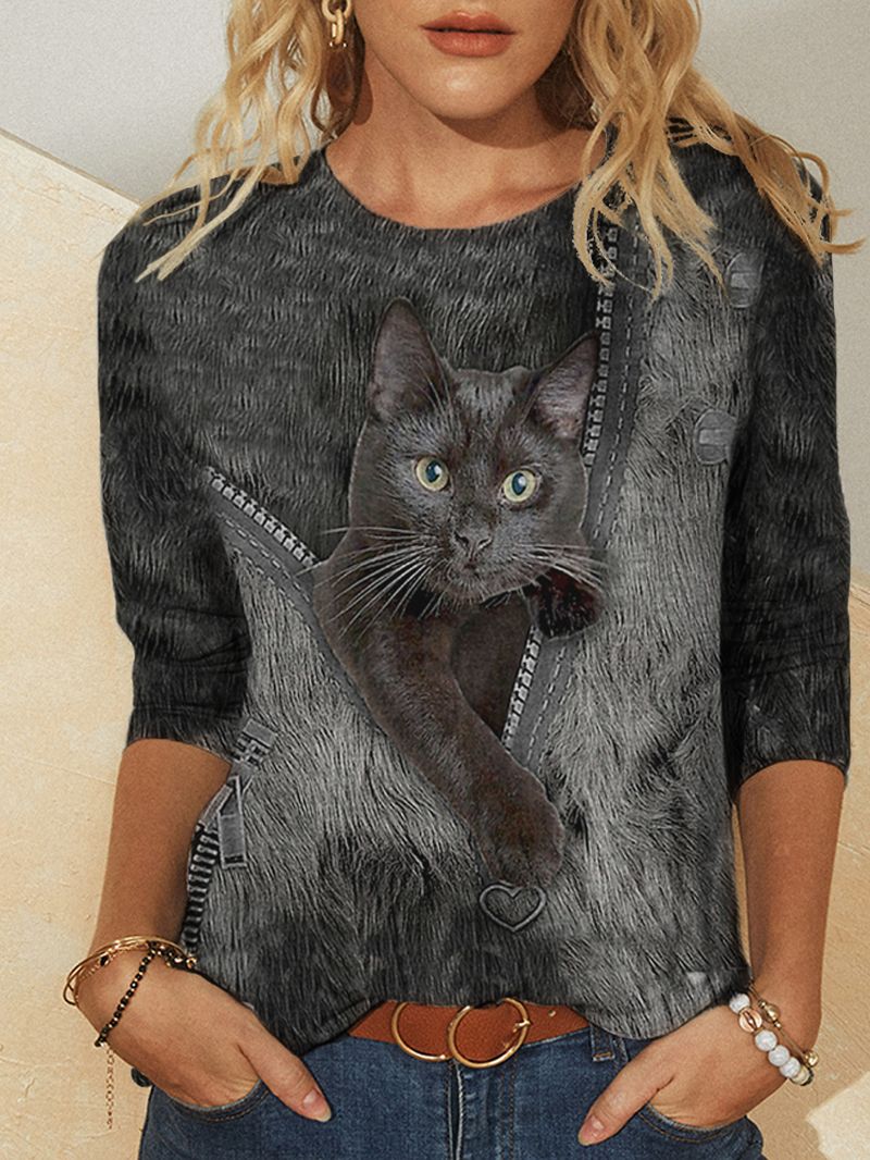 Dames Schattige Zwarte Kattenprint Ronde Hals Casual Blouses Met Lange Mouwen