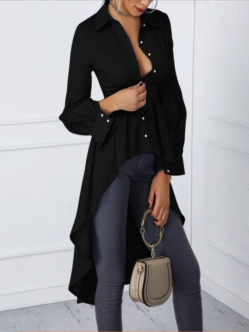 Effen Kleur Puff Sleeve Button Shirts Hoge Lage Zoom Blouse Voor Dames