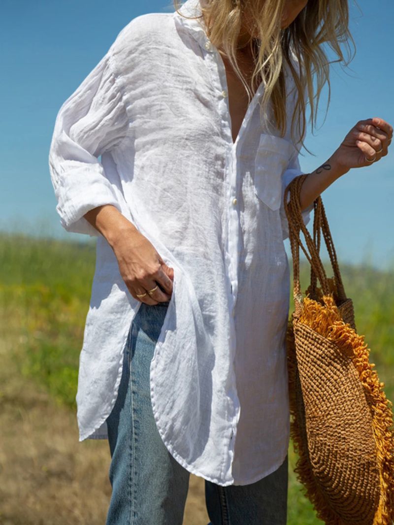 Effen Kleur V-hals Blouse Met Lange Mouwen En Splitzoom Voor Dames