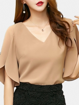 Korte Mouwen V-hals Effen Kleur Chiffon Casual Blouse Voor Dames