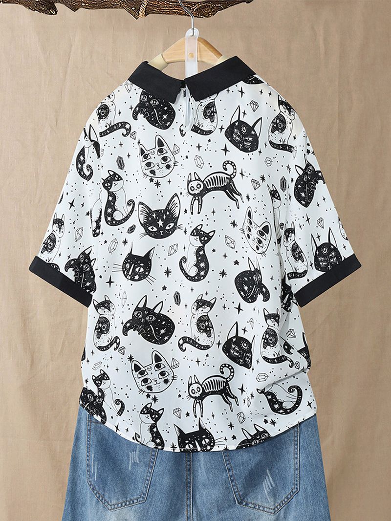 Koude Schouderblouse Met Kattenprint