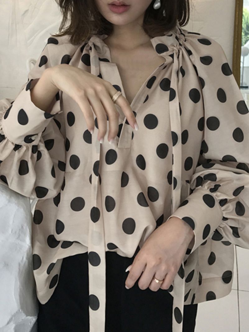 Polka Dots Printing Lantaarn Mouw Hals Vlinderdas Casual Blouse Voor Dames