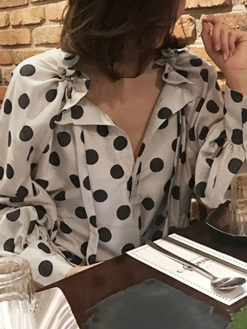 Polka Dots Printing Lantaarn Mouw Hals Vlinderdas Casual Blouse Voor Dames