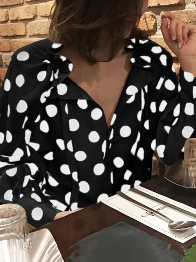 Polka Dots Printing Lantaarn Mouw Hals Vlinderdas Casual Blouse Voor Dames