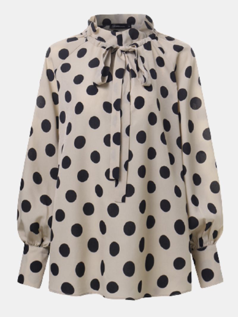 Polka Dots Printing Lantaarn Mouw Hals Vlinderdas Casual Blouse Voor Dames