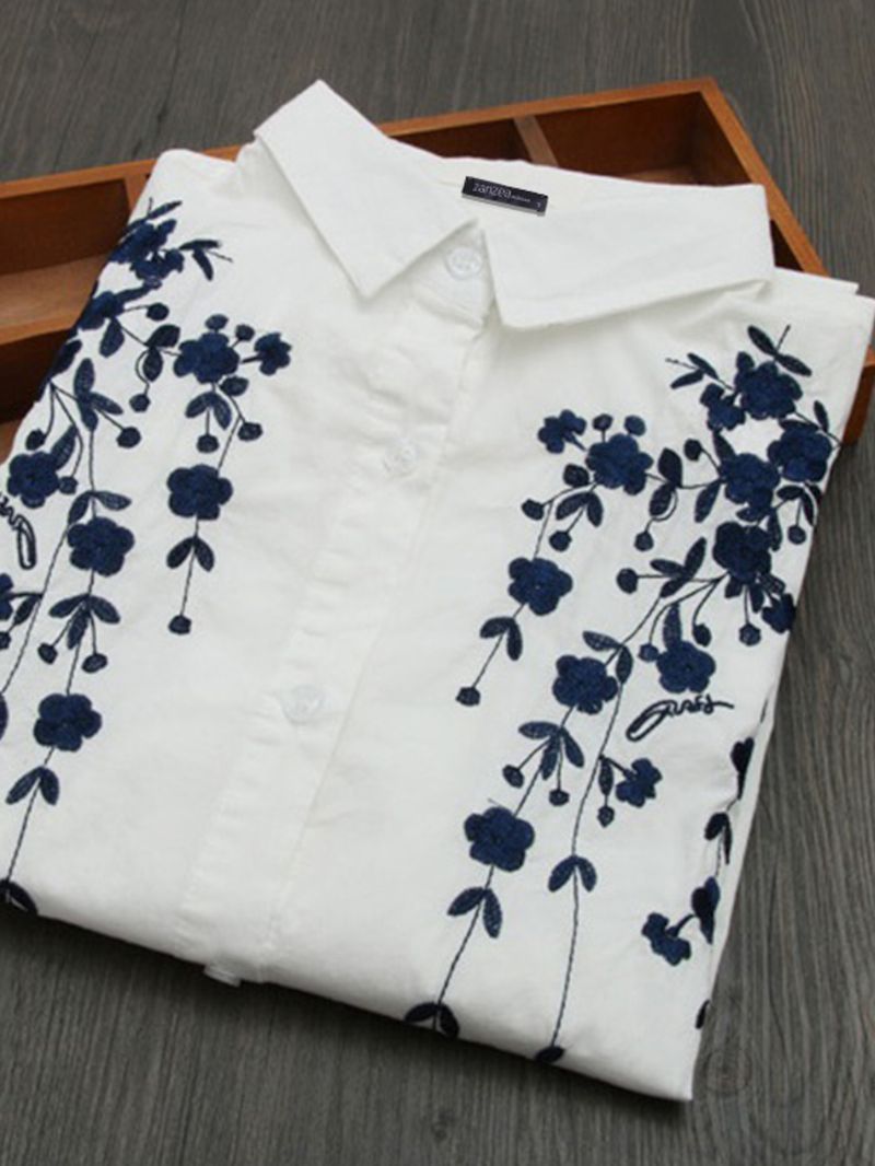 Print Reverskraag Hoge Lage Zoom Witte Casual Shirts Met Lange Mouwen Voor Dames