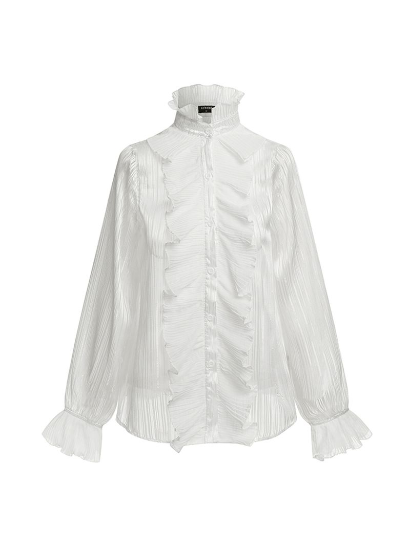 Pure Color Ruffle Stand Kraag Casual Shirts Met Lange Mouwen Voor Dames