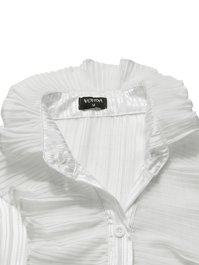 Pure Color Ruffle Stand Kraag Casual Shirts Met Lange Mouwen Voor Dames