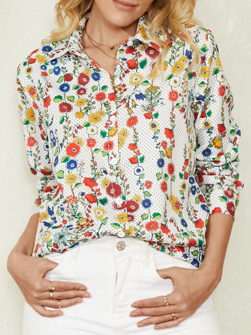Vrouwen All-over Bloemen Stippen Print Revers Vintage Shirts Met Lange Mouwen