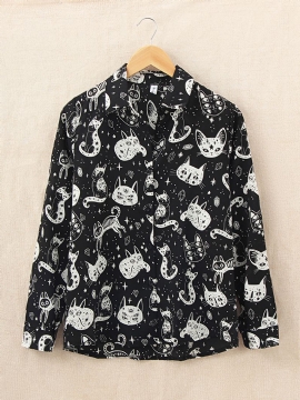 Vrouwen Casual Cartoon Kat Grappige Print Turn-down Kraag Lange Mouwen Button Shirts