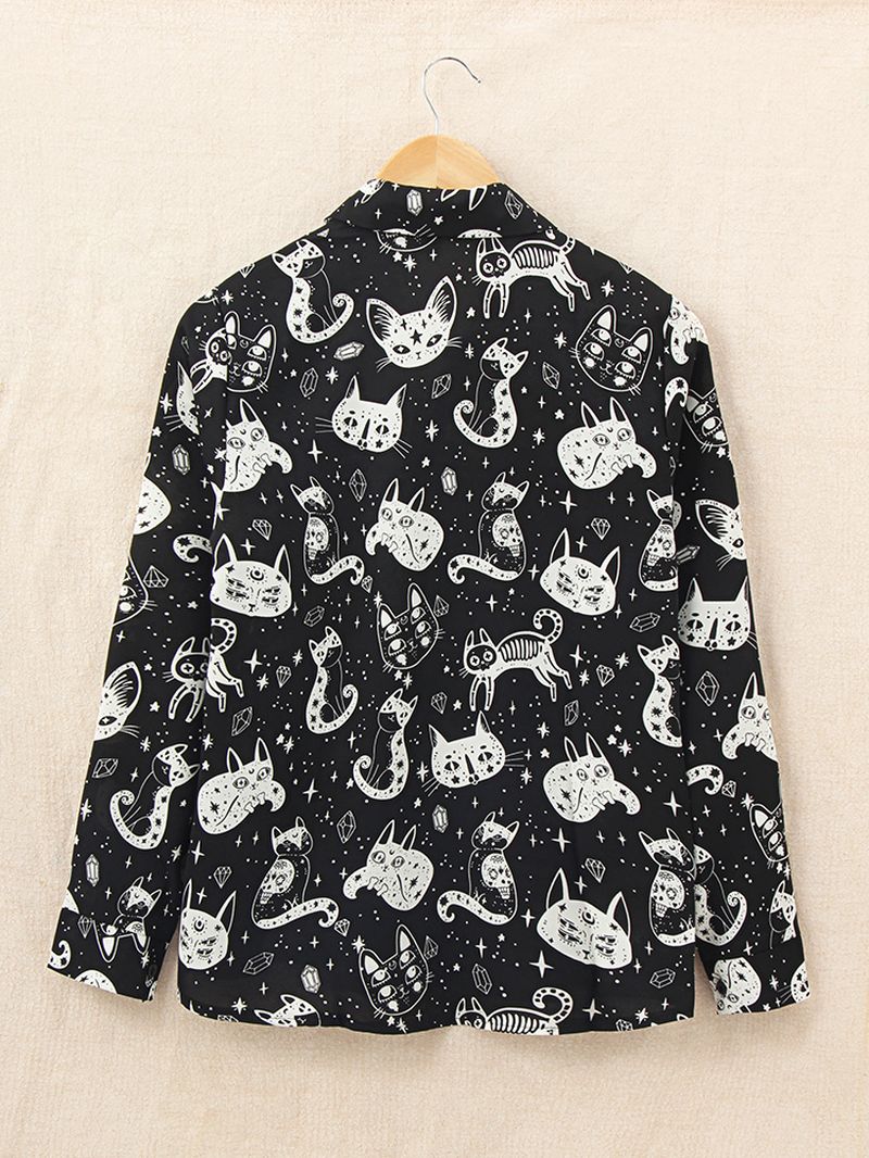 Vrouwen Casual Cartoon Kat Grappige Print Turn-down Kraag Lange Mouwen Button Shirts