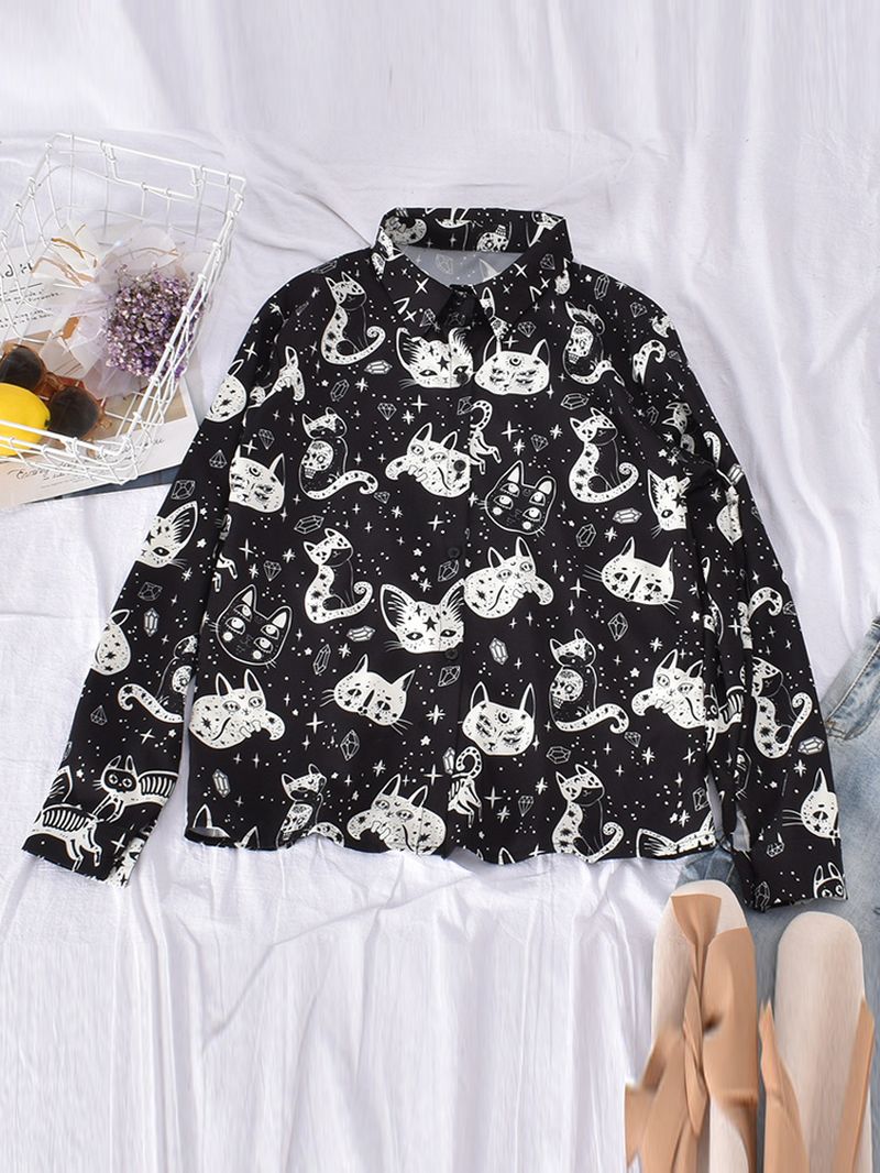 Vrouwen Casual Cartoon Kat Grappige Print Turn-down Kraag Lange Mouwen Button Shirts