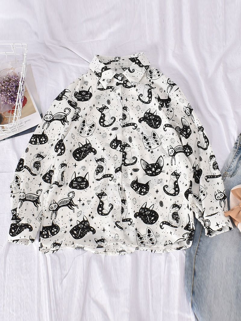 Vrouwen Casual Cartoon Kat Grappige Print Turn-down Kraag Lange Mouwen Button Shirts